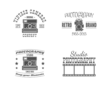 Vintage Photography Badges, Labels. Monochrome design with stylish old cameras and elements. Retro style for photo studio, photographer, equipment store, shop. Signs, . Vector illustrationのイラスト素材