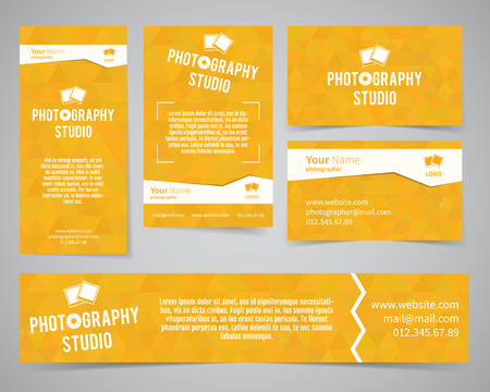 Modern light identity set. Business card, banner, flyer, poster templates photography studio or other business. Poly design. Corporate brand template with shutter logo, badge element. Vector.のイラスト素材