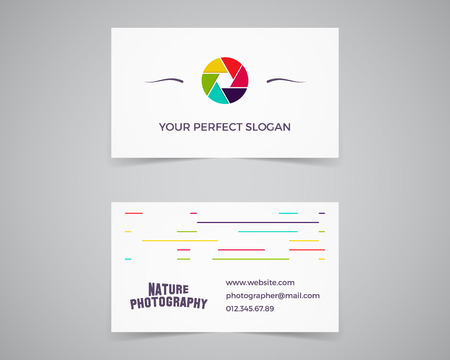 Modern light Business card template for photography studio, photograpgers. Unusual design. Corporate brand identity template with shutter logo element. Photograph badge. Realistic shadow.Vectorのイラスト素材
