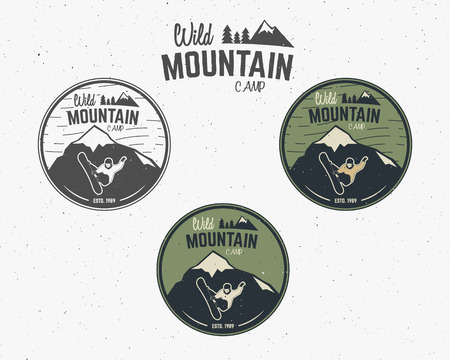 Set of Mountain camp vintage explorer labels Outdoor adventure design Travel hand drawn and hipster insignia. Snowboard icon symbol Wilderness, forest camping badge. Vector.のイラスト素材