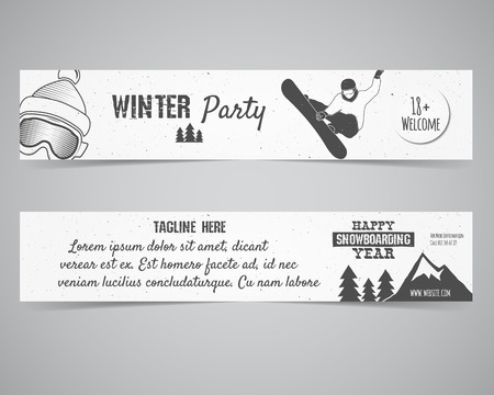 Holiday Identity templates. Christmas banner, flyer design with xmas symbols - tree, snow. Winter party brochure layout. Snowboarding branding elements mountain. Vector.のイラスト素材