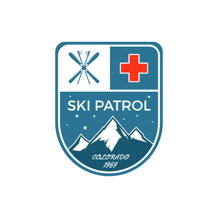 Ski Patrol Label. Vintage Mountain winter sports explorer badge. Outdoor adventure logo design. Travel hand drawn and hipster color emblem. First aid icon symbol. Nice pallette. Wilderness Vector.のイラスト素材