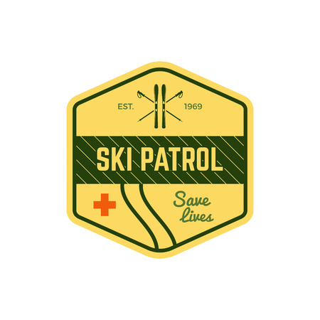 Ski Patrol Label. Vintage Mountain winter sports explorer badge. Outdoor adventure logo design. Travel hand drawn and hipster color insignia. First aid icon symbol. Nice pallette. Wilderness Vector.のイラスト素材