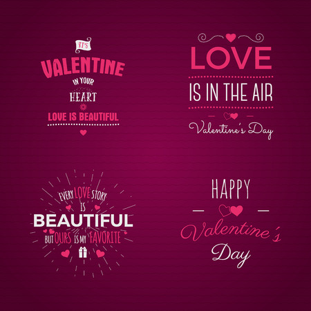 Vector photo overlays, hand drawn lettering collection, inspirational quote. Valentine day labels set. Love is in the air, my sweet love and more on pink background. Best for gift card, brochure.のイラスト素材