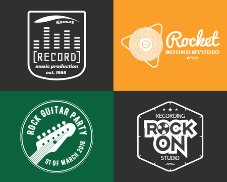 Vector music production studio logos set. Musical label icons. Music insignia and emblems print or logotype. Guitars badge for sound recording studio t shirt, sound production. Podcast, radio badges.のイラスト素材