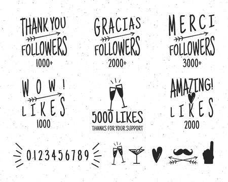 Set of vintage Thanks badges. Social media Followers labels and likes stickers. Handwriting lettering with hipster elements - ribbons, arrows, sunbursts, beard. Vector design on retro background.のイラスト素材