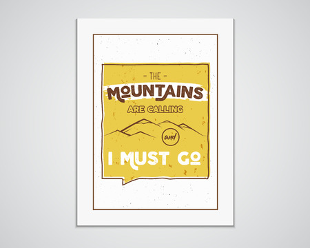 Outdoor inspiration A4 frame. Motivation mountain poster quote template. Winter or summer explorer flyer. Mountain calling adventure elements. Vector vintage design. Travel typographic design.のイラスト素材