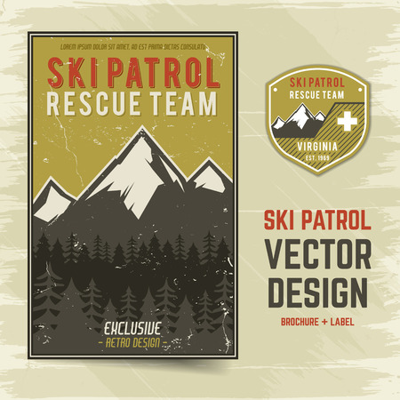 Ski patrol vector brochure and label. The camp concept of flyer for your business, web sites, presentations, advertising. Quality design illustrations elements. Flat outdoor style. Retro Banner designのイラスト素材