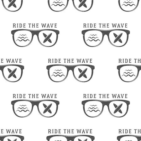 Vector Surfing Seamless pattern with surfing glass. Board for surfing, surf waves elements. Surfing wallpaper printing design. Surfboards. Summer print, background texture. Surf the wave text.のイラスト素材