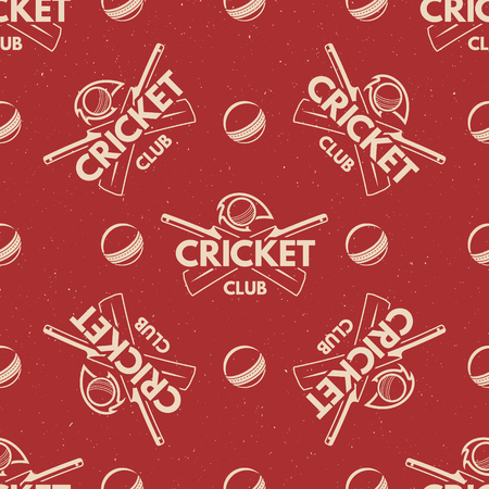 Sport pattern. Cricket retro background. Seamless pattern of cricket accessories. Bat & ball symbols. With typography elements. Pattern for design, web, backdrop, tee design, t shirt etc. Vector.のイラスト素材