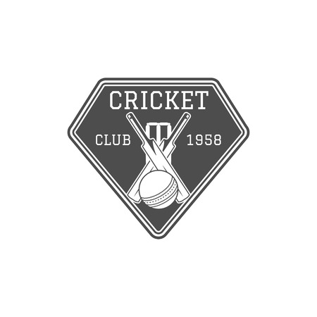 Cricket club emblem and design elements. Cricket team design. Cricket stamp. Sports fun symbols with cricket equipment - bats, ball. Use for web design, tee design or print on t-shirt Monochromeのイラスト素材