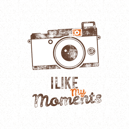 Retro poster with old camera icon and vector text - i like my moments. Isolated on grunge halftone background. Photography vintage design for t shirt, tee design, web project. Inspiration vector typeのイラスト素材