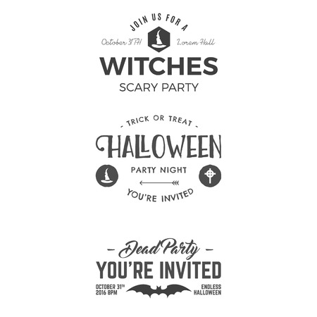 Halloween 2016 party invitation label templates with scary symbols - witch hat, bat and typography elements. Use for party posters, flyers, invitations, t-shirt, tee design, apparel. Vector.のイラスト素材