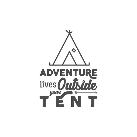 Camping  with typography saying and travel elements - tent. Adventure style for tee design, apparel, t shirt prints or web infographics, projects. Campsite hiking vector symbols. Monochrome designのイラスト素材