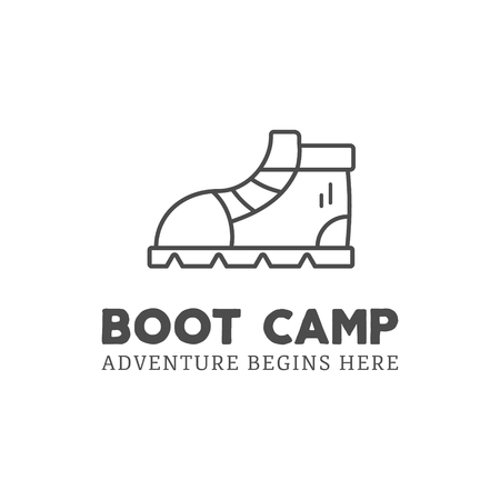 Camping adventure  design with boot and typography elements. Vector text - boot camp. Backpacking symbol in retro style. Vector Monochrome. Nice for prints, tee design, web infographics.のイラスト素材