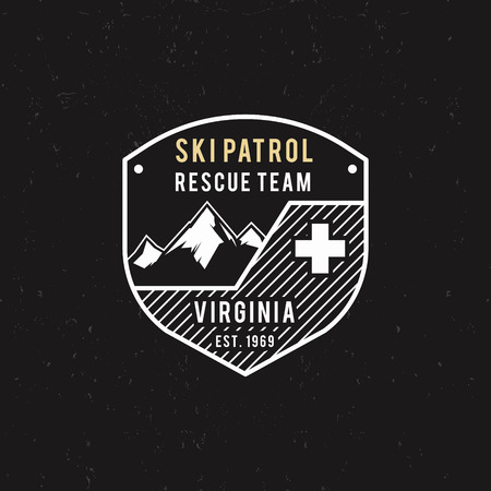Winter ski patrol, rescue team label with mountains. Vintage extreme adventure badge. Outdoors logo design. Travel hand drawn and hipster insignia. Wilderness stamp isolate on dark. Vectorのイラスト素材