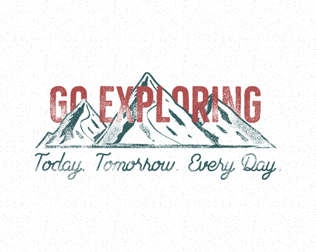 Adventure vintage label print design. Go exploring sign. Typography style with mountains symbol. Best for t shirt, authentic tee design. Vector illustrationのイラスト素材