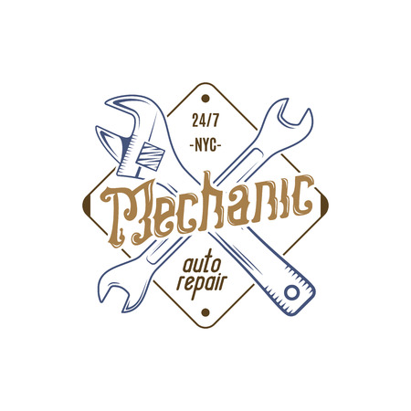 Mechanic repair service label. Illustration of repair service isolated on white. Vintage tee design graphics. Repair service typography badge. Custom t-shirt stamp. Vector repair service insigniaのイラスト素材