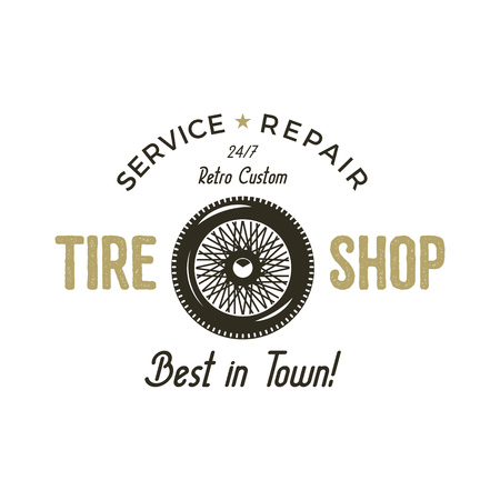 Car garage vintage label. Retro illustration of car garage emblem. Vector car garage logo with tire and typography elements. Tire shop service repair. Use as car garage logotype, tee shirt, prints.のイラスト素材