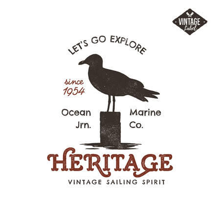 Vintage hand drawn label design. Seagull symbol. Letterpress effect. Typography insignia, t-shirt apparel. Retro old style artwork. Vectorのイラスト素材