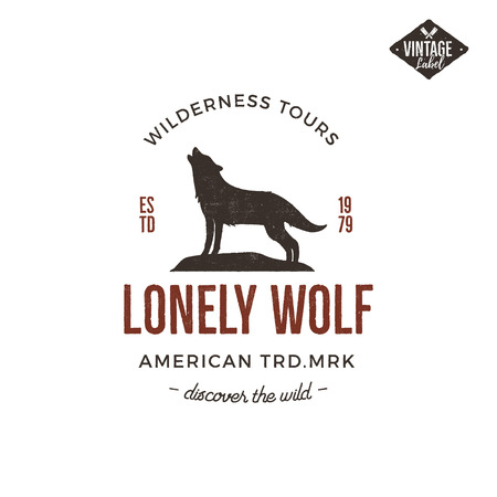 Old style wilderness label with wolf and typography elements. Vintage letterpress effect print. Prints of howling wolf. Unique design for t-shirts, mugs. Hand drawn wolf insignia, rustic design Vectorのイラスト素材