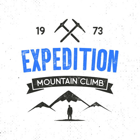 Mountain expedition label with climbing symbols and type design - mountain climb. Vintage letterpress style style. Outdoors adventure emblem for t-shirt clothing print. Vector isolated on whiteのイラスト素材