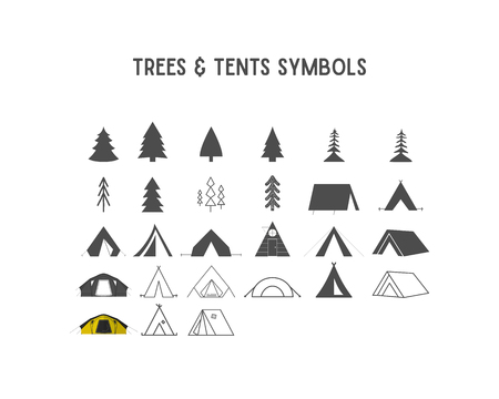 Trees and tent vector shapes  elements for creation your own outdoor labels, hipster retro patches, adventure vintage badges, travel logotypes. Silhouette, line art designのイラスト素材