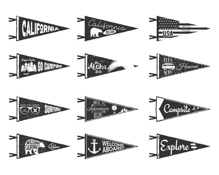 Hand drawn adventure pennants and flags set. Vintage rustic style labels isolated on white. Monochrome grunge and ripped badges.のイラスト素材