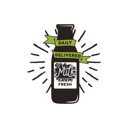 Farm fresh milk bottle with green ribbon, sunbursts and text - daily delivered. VEctor eco concept. Isolated on white background.のイラスト素材
