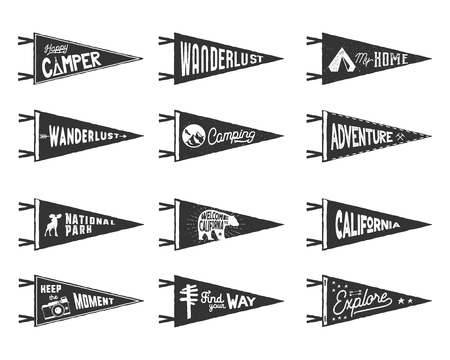 Set of adventure, surfing, camping pennants. Retro monochrome labels. Vintage hand drawn wanderlust style. Isolated on white background. Good for t shirt, mug, other identity. Vector illustrationのイラスト素材