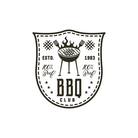 BBQ club label in monochrome style. Invitation to grill, barbeque event. Isolated on white background. Vintage black monochrome design. Stock Vector silhouette.のイラスト素材