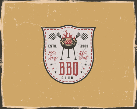 BBQ club typography poster template in retro old style. Offset and letterpress design. Letter press label, emblem. Isolated on yellow scratched backgroundのイラスト素材