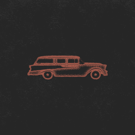 Surf trip concept Vector Summer surfing retro badge. Beach surfer emblem , rv outdoors banner, vintage background. Boards, retro car. Surfer icon design. For summer logotype, patch, party brochure.のイラスト素材