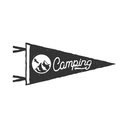 Camping pennant template. Tent and text sign. Monochrome design. Stock isolated on white backgroundの写真素材