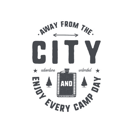 Vintage hand drawn camping badge and emblem. Hiking label. Outdoor adventure inspirational logo. Typography retro style. Motivational quote for prints, t shirts. Away from the city. Stock vector.のイラスト素材