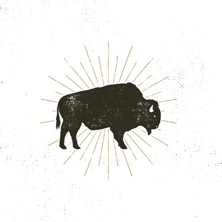 Bison silhouette icon. Retro letterpress effect. Buffalo symbol with sunbursts isolated on white background.のイラスト素材