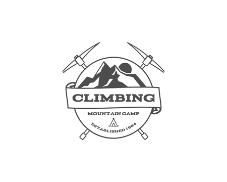 Vintage mountain trekking, climbing hiking camping badge, outdoor logo, emblem and label concept for web, print. Retro stylish minimal monochrome design. Easy to change color. illustrationの写真素材