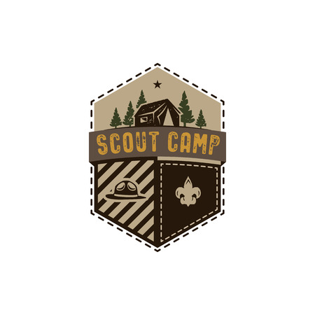 Traveling, outdoor badge. Scout camp emblem. Vintage hand drawn design. Retro colors palette. Stock vector illustration, insignia, rustic patch. Isolated on white backgroundのイラスト素材
