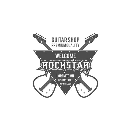 Rock star guitar shop vector label, badge, emblem logo with musical instrument. Stock vector illustration isolated on white background.のイラスト素材