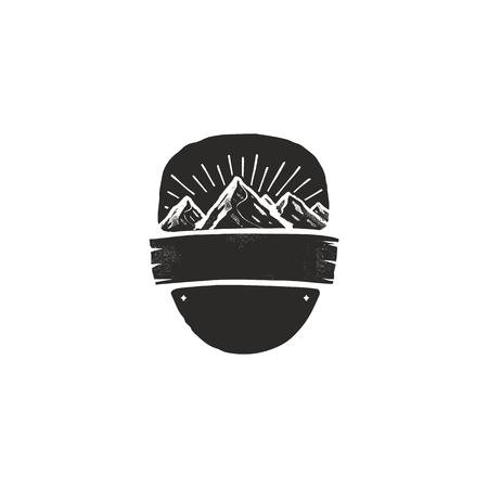 Vintage frame, shape and form for label, insignia with mountains and sunbursts. Use for travel, camping or other emblems. Vector sillhouette design. Hand drawn design.のイラスト素材