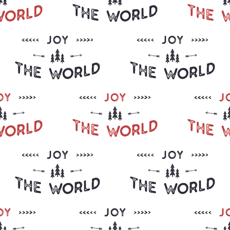 Joy the world lettering seamless pattern design. Holiday typography background for xmas cards, invitations, t shirts. Chritmas retro colors palette. Stock xmas vector isolated on white.のイラスト素材