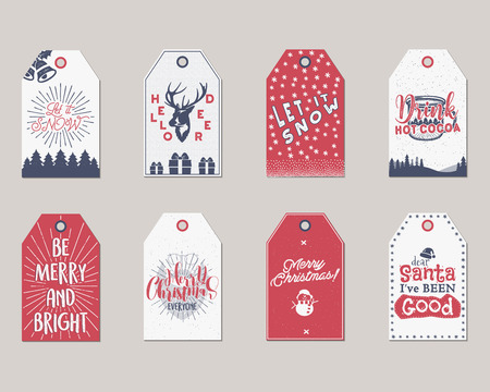 Merry Christmas and New Year gift tags collection. Holiday cards concept with xmas symbols - deer, snowflake, coffee cup, santa. Stock Vector illustration isolated on white background.のイラスト素材