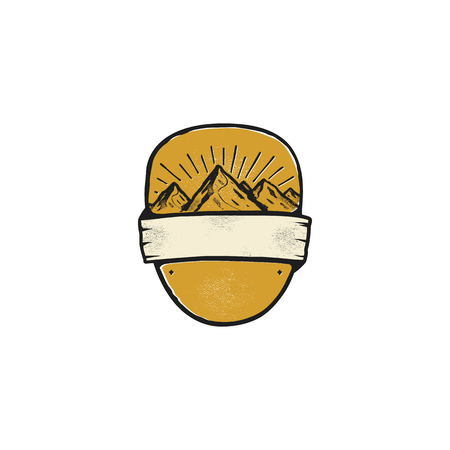 Vintage frame, shape and form for logo, label, insignia with mountains and sunbursts.のイラスト素材