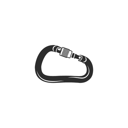 Climbing carabiner icon. Silhouette style symbol. Black pictogram of climbing equipment - carabiner. Vintage hand drawn illustration. Stock vector isolated on whiteのイラスト素材
