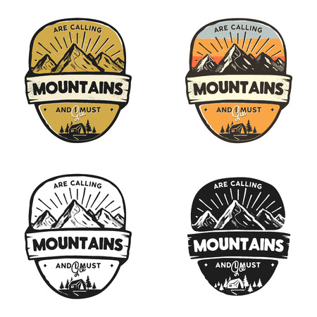Travel logo design concepts. Monochrome, retro colors, line, silhouette styles. Mountain adventure badge, travel logo template. Camping patch, prints. Stock vector label isolated.のイラスト素材