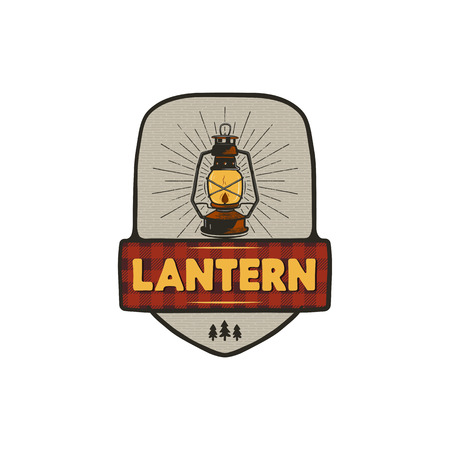 Vintage hand drawn camping logo with lantern. Retro style camping logo. Outdoor adventure badge design. Travel and hipster emblem. Wilderness theme. Stock vector isolated on white backgroundのイラスト素材