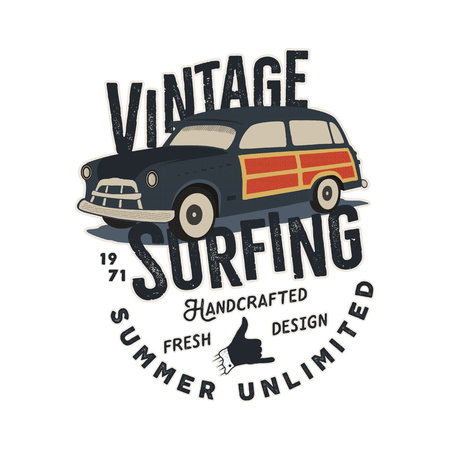 Vintage hand drawn tee print vector design with retro surf car, shaka sign and typography elements. Surf print design, patch. Summer t shirt print concept isolated on white background. Stock vector.のイラスト素材