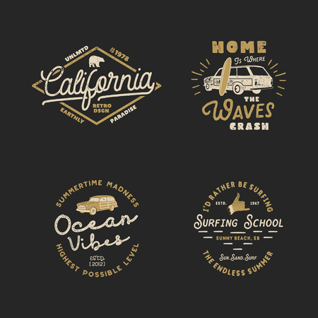Vintage Hand Drawn Surfing Graphics and Emblems vector illustration setのイラスト素材