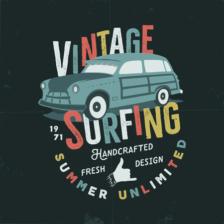 Vintage hand drawn tee print vector design with retro surf car, shaka sign and typography elements. Surf print design, patch. Summer t-shirt print concept isolated on white.のイラスト素材