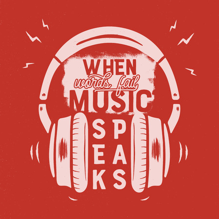 Music tee graphic design, poster. Music inspirational quote. Headphones T-Shirt print design. Vintage hand drawn graphics. Monochrome and yellow retro colors. Stock vector isolated on red backgroundのイラスト素材
